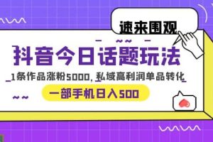 抖音今日話題玩法，1條作品漲粉5000，私域高利潤單品轉(zhuǎn)化 一部手機日入500