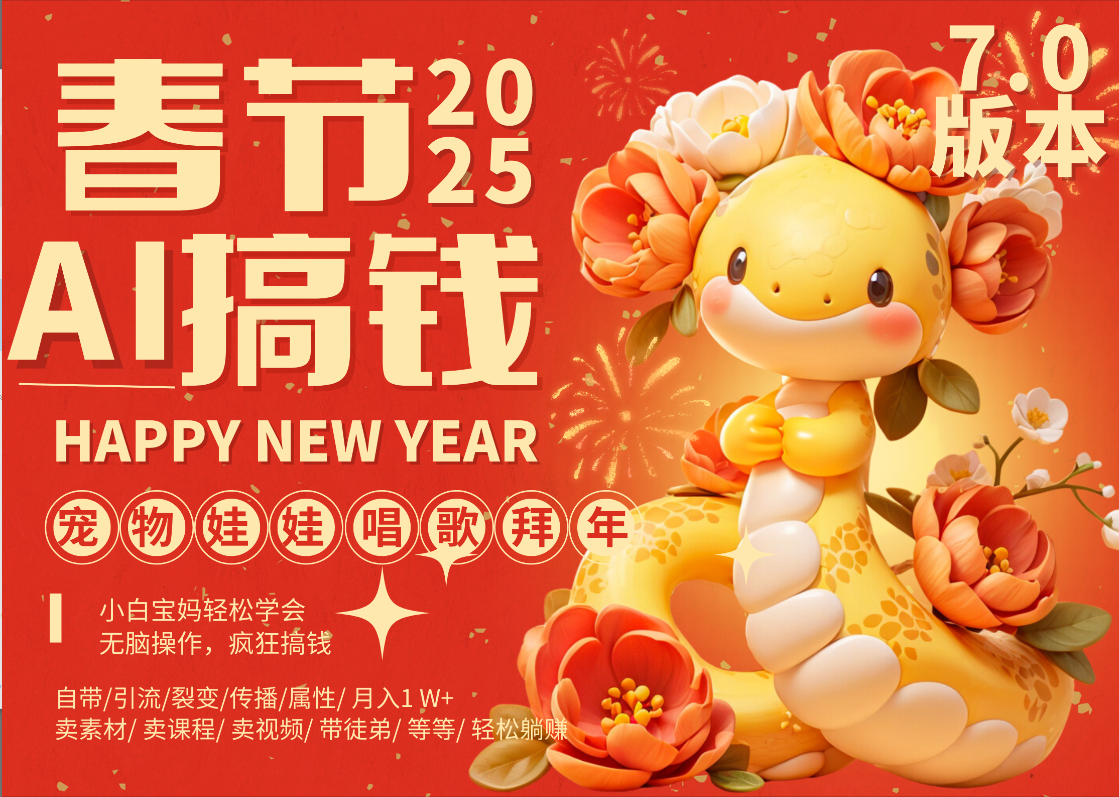 AI春節搞錢7.0升級版 蝴蝶號超火爆萌寵唱歌拜年 ?AI一鍵制作 批量出內容 ? 春節做輕松躺賺 每日輕松十分鐘 ?月賺米1W+ ?抓緊沖！可做視頻 可賣素材只帶小白和寶媽！