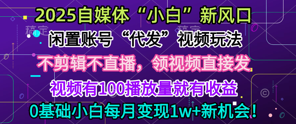 2025每月躺賺5w+新機(jī)會(huì)，閑置視頻賬號一鍵代發(fā)玩法，0粉不實(shí)名不剪輯，領(lǐng)了視頻直接發(fā)，0基礎(chǔ)小白也能日入300+