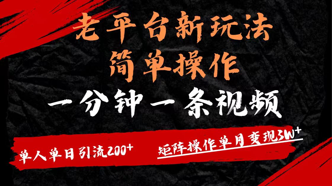老平臺，新玩法，簡單操作，一分鐘一條視頻，單人單人引流200+矩陣操作，單月變現3W