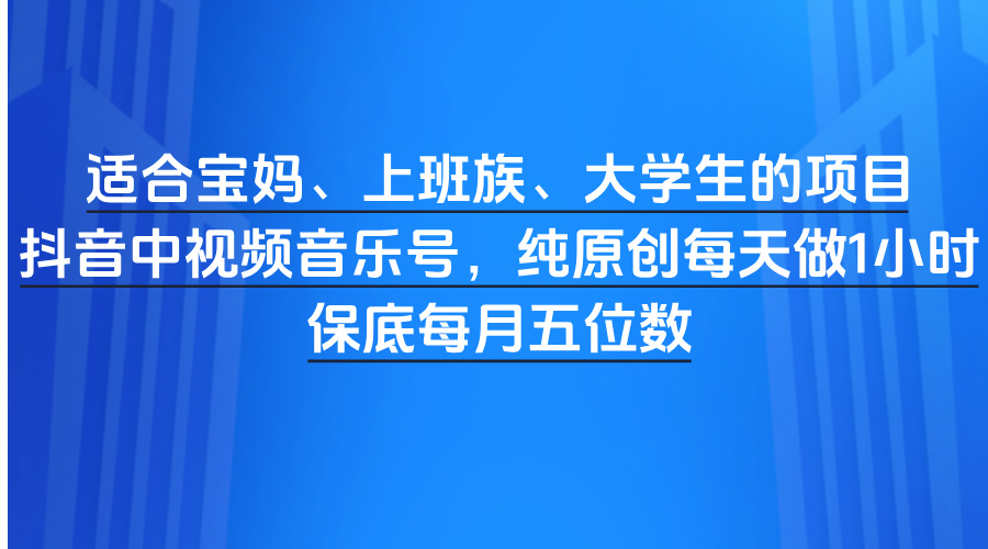 適合寶媽、上班族、大學生的項目，抖音中視頻音樂號，純原創每天做1小時，保底每月五位數